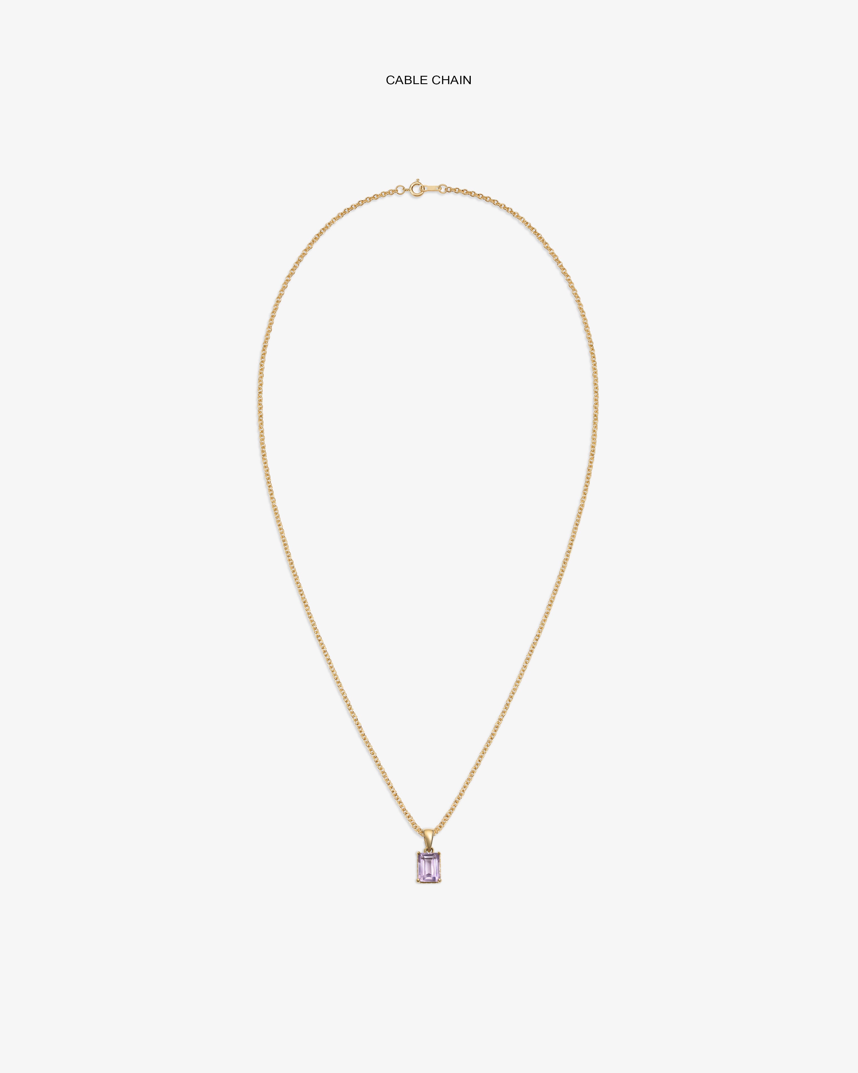 14Kt Gold Gemstone Pendant: rectangular purple charm on a gold cable chain, displayed on a white background.