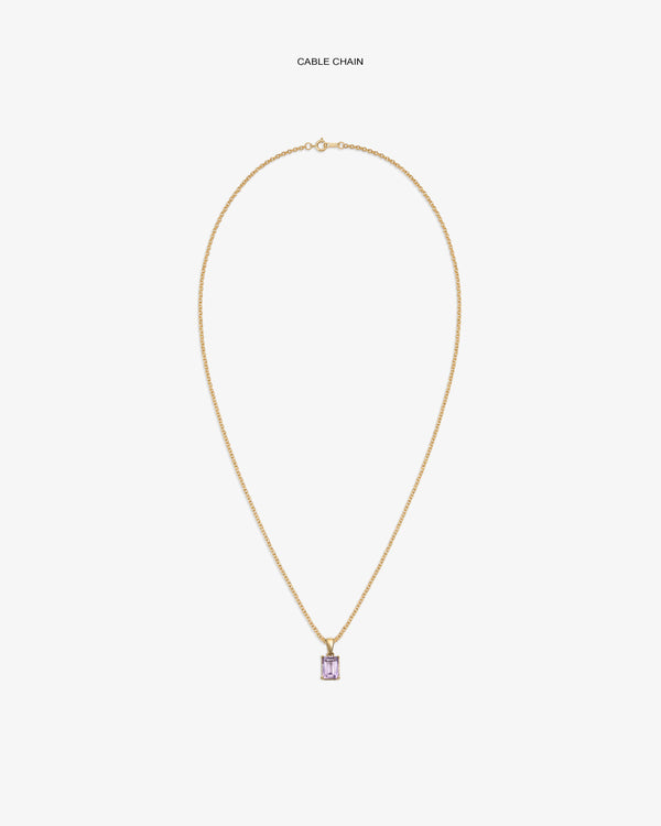 14Kt Gold Gemstone Pendant: rectangular purple charm on a gold cable chain, displayed on a white background.