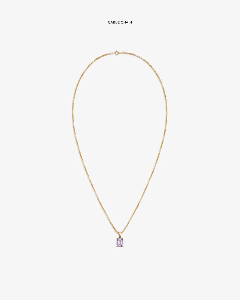 14Kt Gold Gemstone Pendant: rectangular purple charm on a gold cable chain, displayed on a white background.