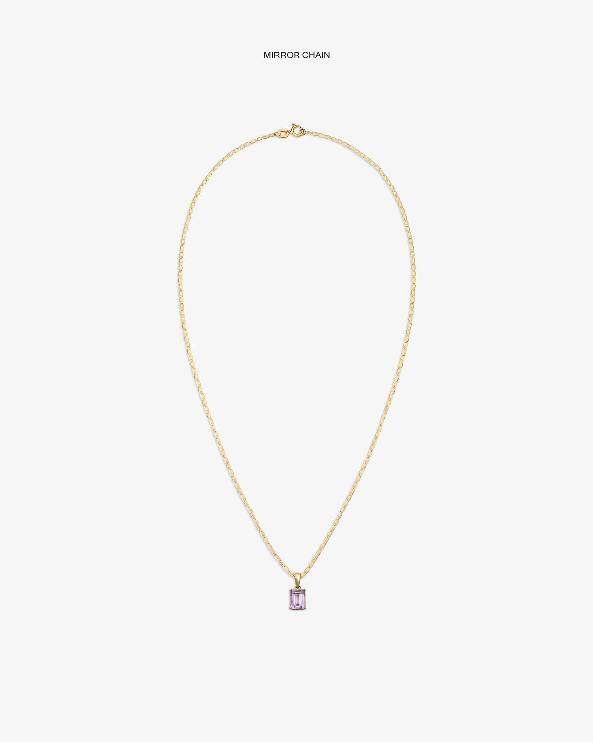 14Kt Gold Gemstone Pendant features a mirror chain and rectangular light purple stone on a plain white background.