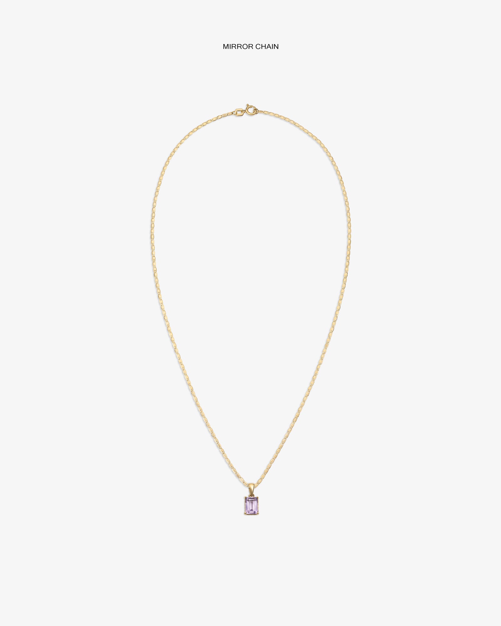 14Kt Gold Gemstone Pendant features a mirror chain and rectangular light purple stone on a plain white background.