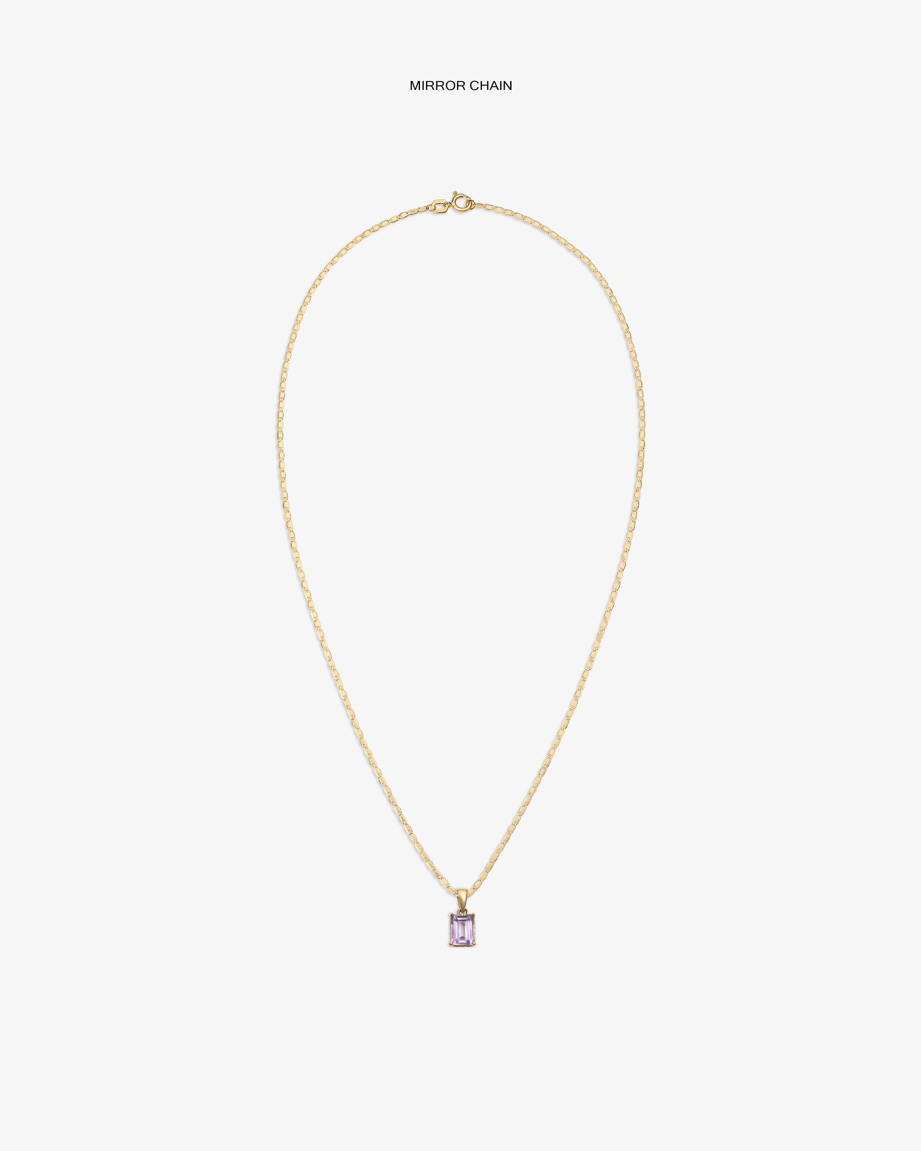 14Kt Gold Gemstone Pendant features a mirror chain and rectangular light purple stone on a plain white background.