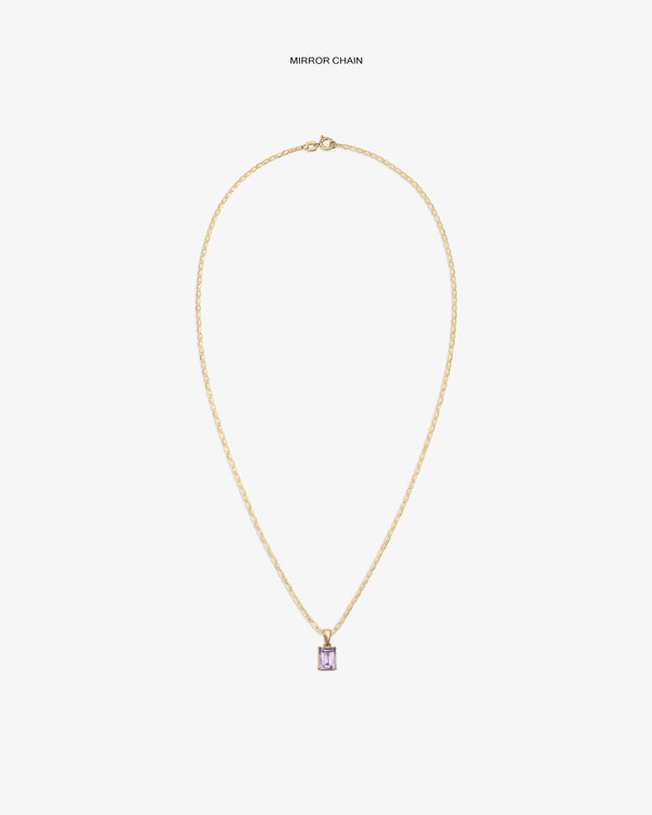14Kt Gold Gemstone Pendant features a mirror chain and rectangular light purple stone on a plain white background.
