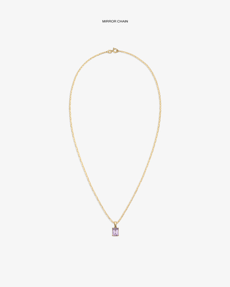 14Kt Gold Gemstone Pendant features a mirror chain and rectangular light purple stone on a plain white background.