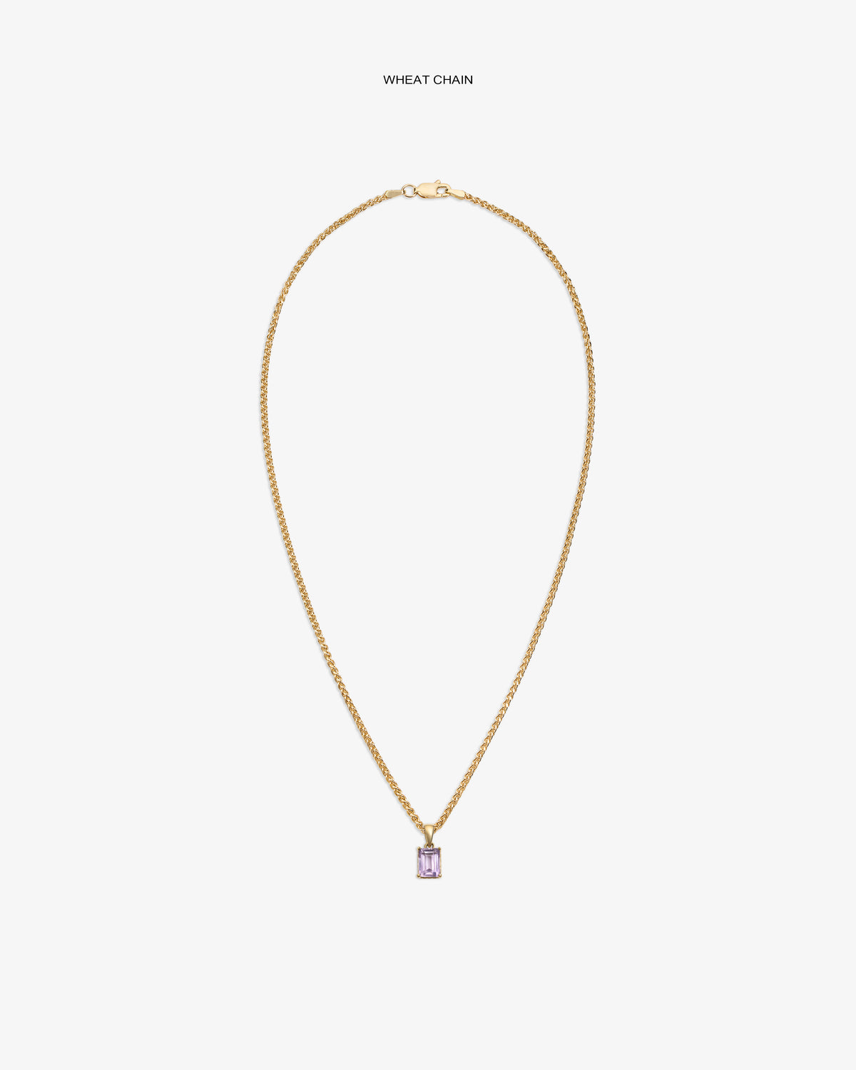 14Kt Gold Gemstone Pendant with a rectangular light purple stone on a wheat chain, shown against a white background.