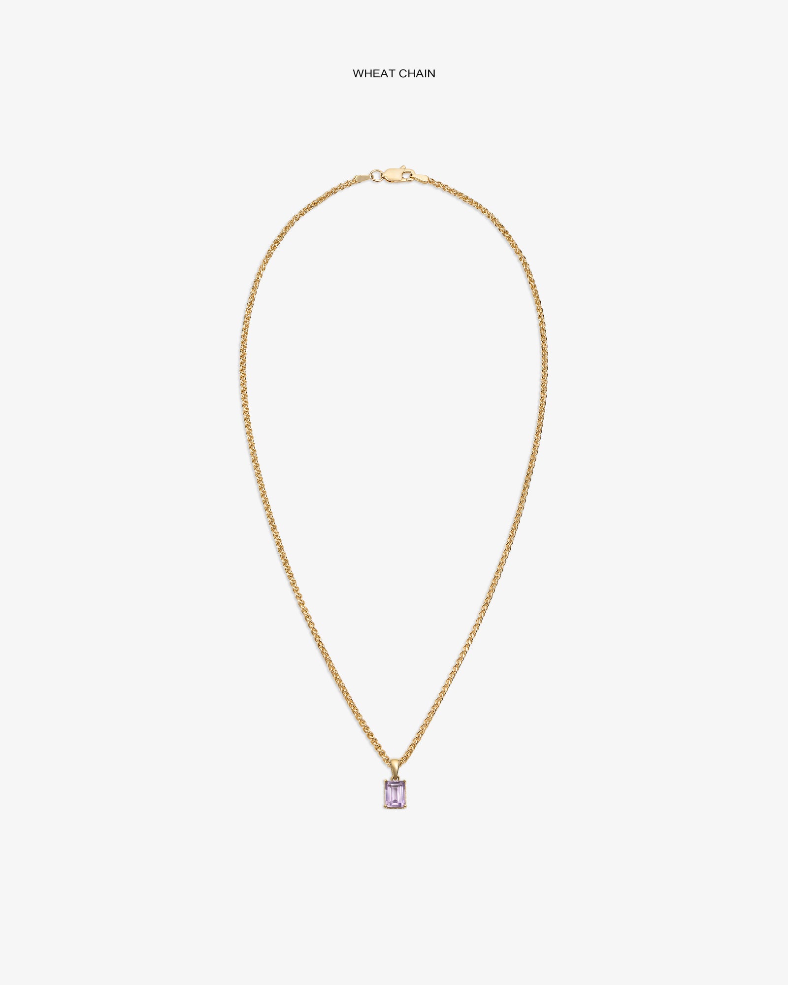 14Kt Gold Gemstone Pendant with a rectangular light purple stone on a wheat chain, shown against a white background.