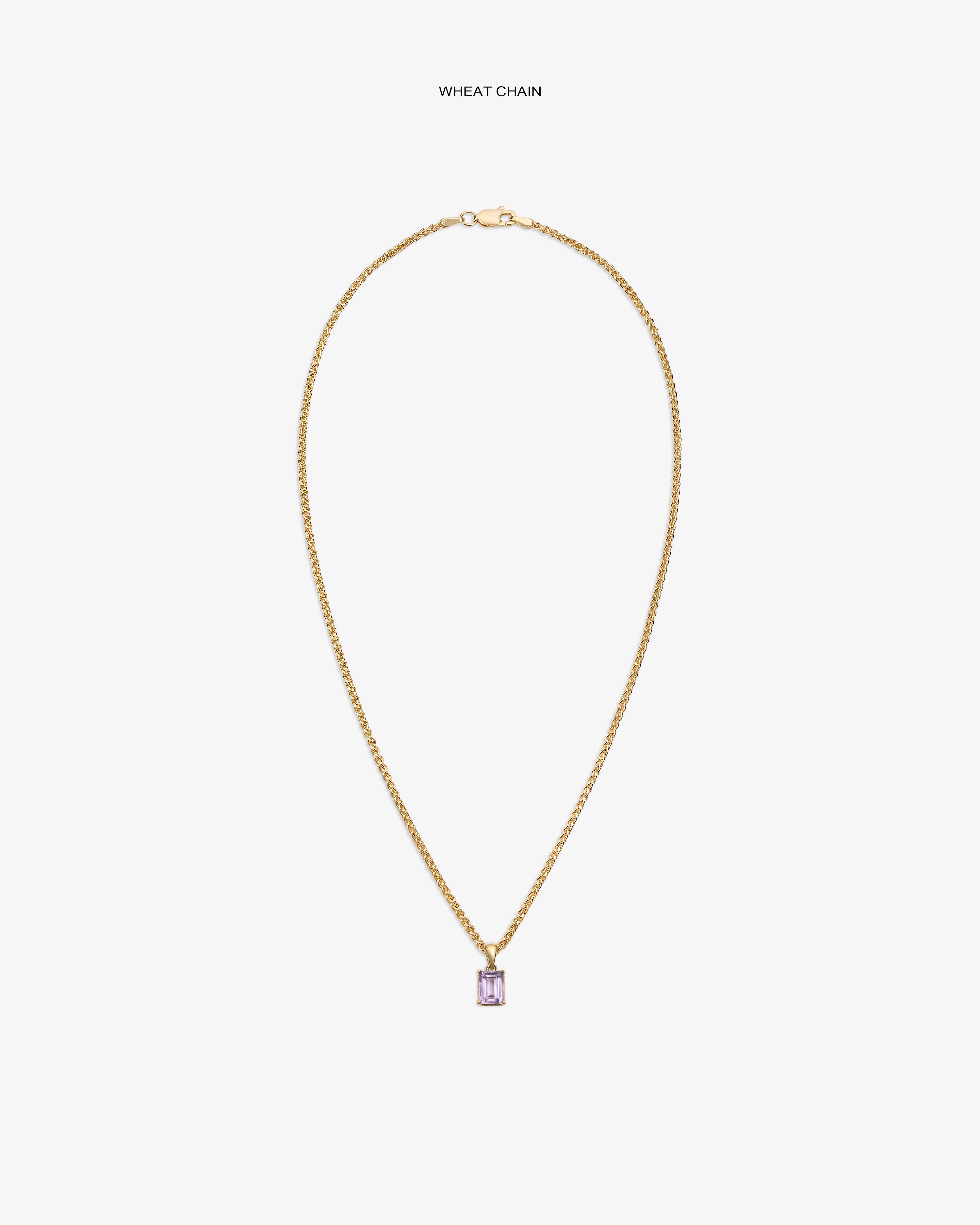 14Kt Gold Gemstone Pendant with a rectangular light purple stone on a wheat chain, shown against a white background.