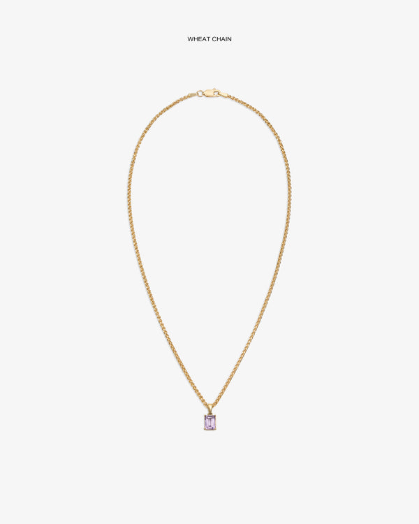 14Kt Gold Gemstone Pendant with a rectangular light purple stone on a wheat chain, shown against a white background.