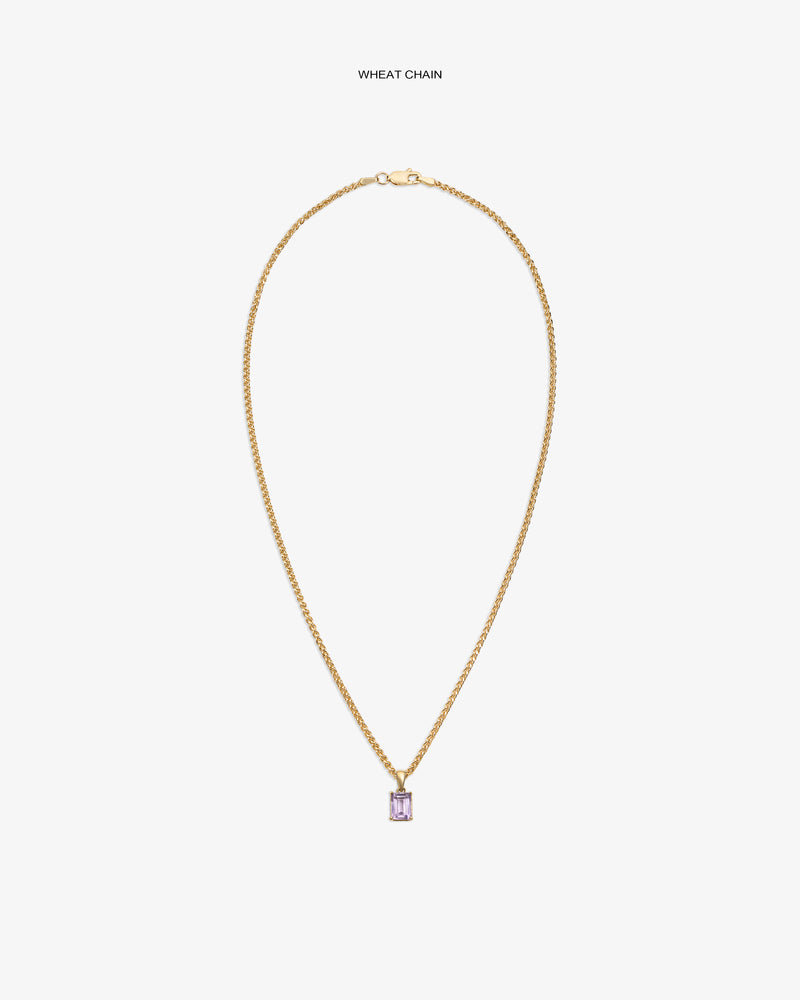 14Kt Gold Gemstone Pendant with a rectangular light purple stone on a wheat chain, shown against a white background.