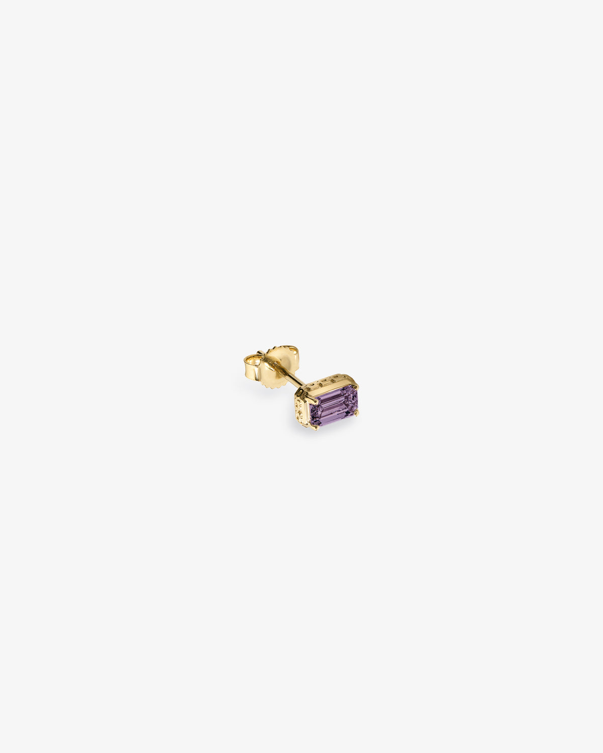 14Kt Gold Amethyst Earring with a rectangular purple stone in a bezel setting, shown on a white background.