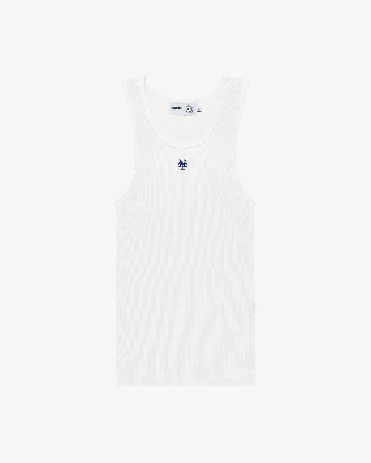 Mets Tank Top: white ribbed tank with small blue logo on chest, shown on plain white background.