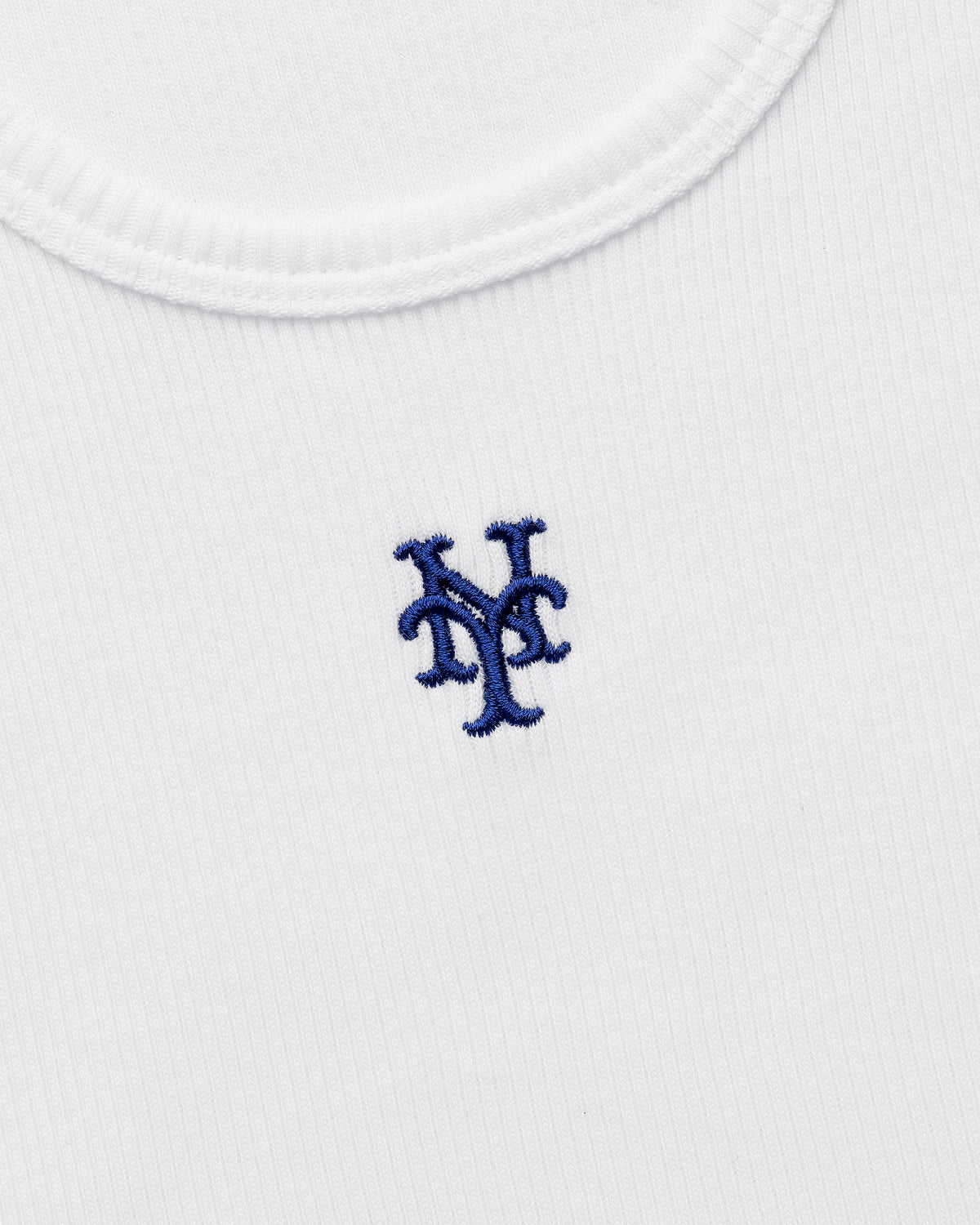 White Mets tank top with a blue NY Mets logo embroidered below the collar.