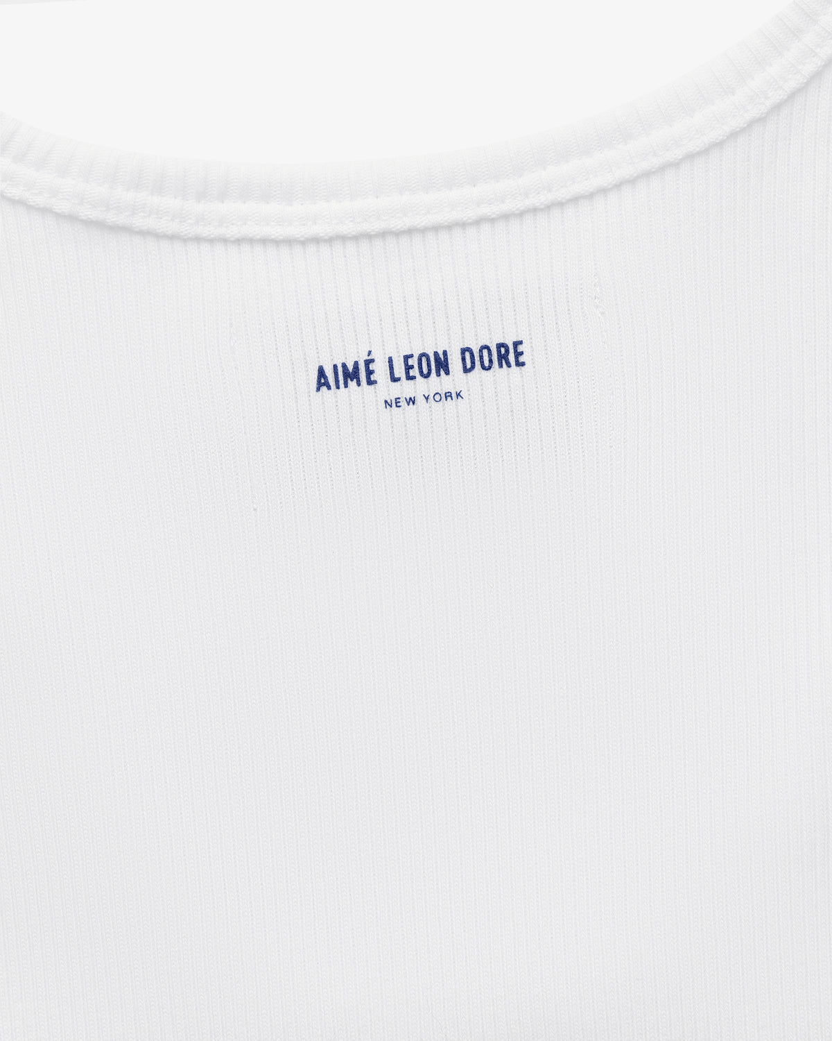 Close-up of a white Mets Tank Top with New York printed in blue on the inside collar.