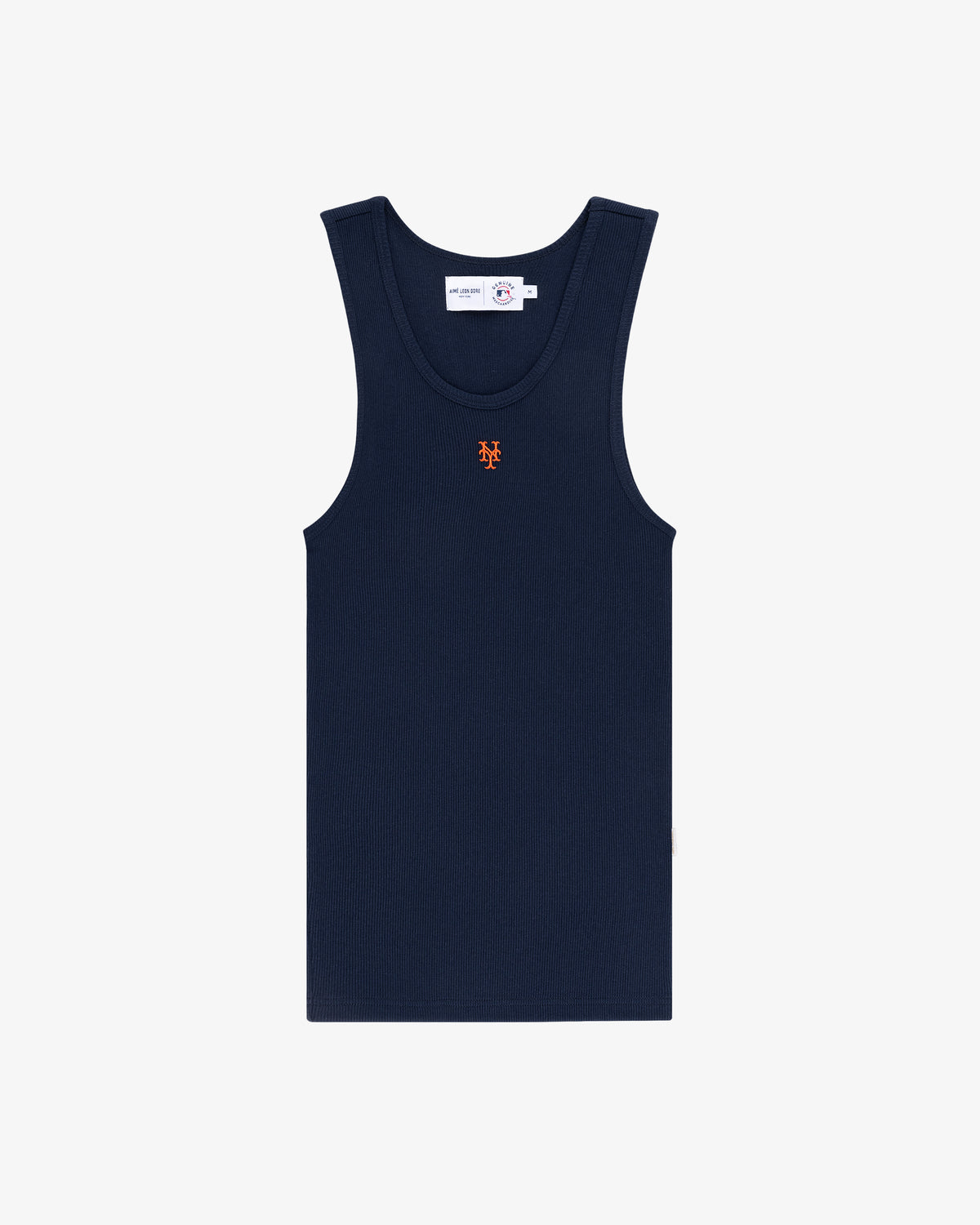 Mets Tank Top: Navy blue sleeveless top with a small orange logo on the chest, shown on a white background.