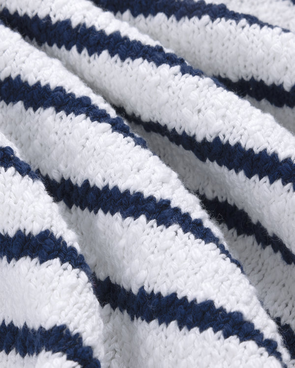 Close-up of Nautical Rollneck Sweater: white knit, dark blue stripes, and a wavy textured surface.