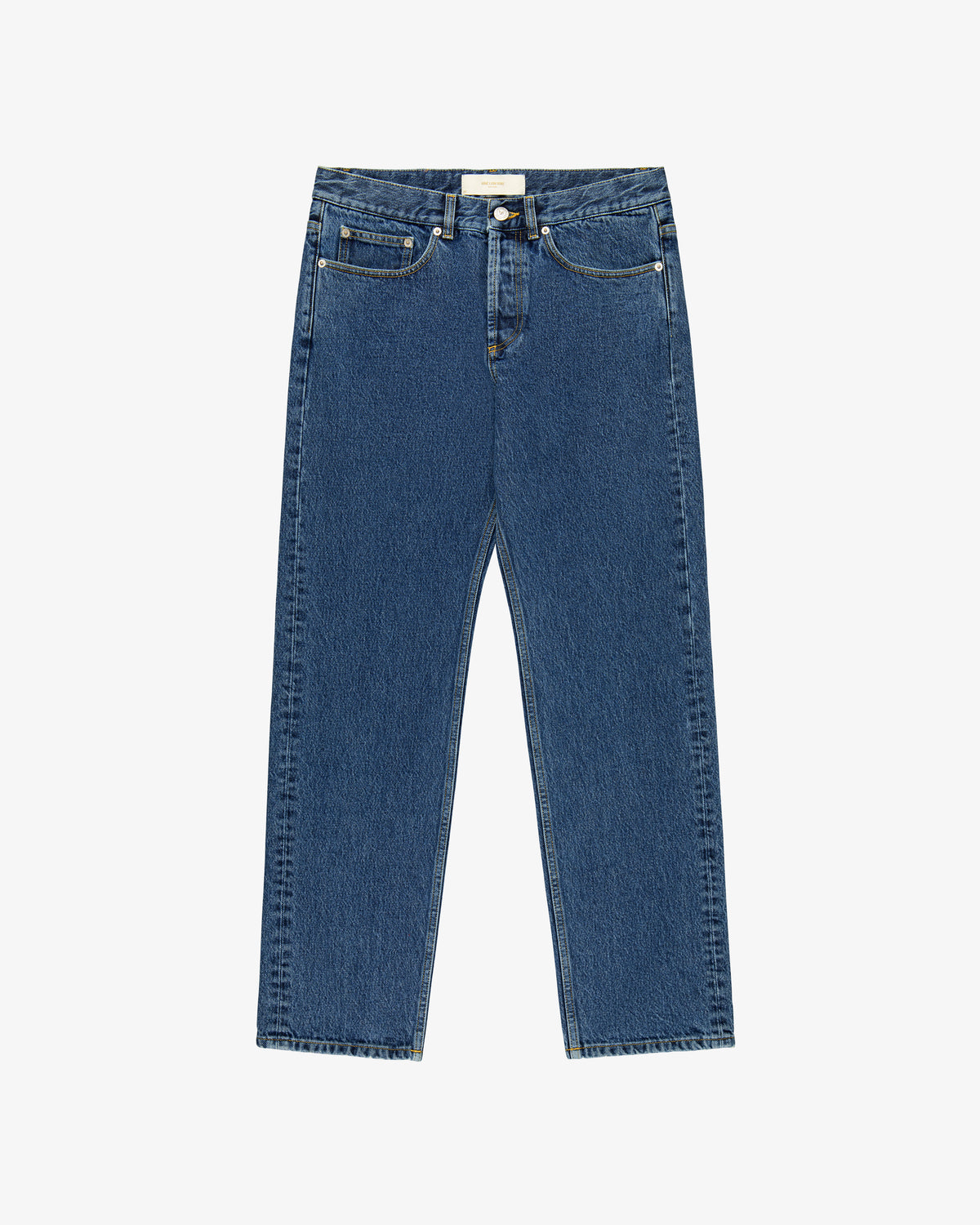 ALD Straight Fit Denim jeans in blue with classic five pockets, shown flat on a white background.
