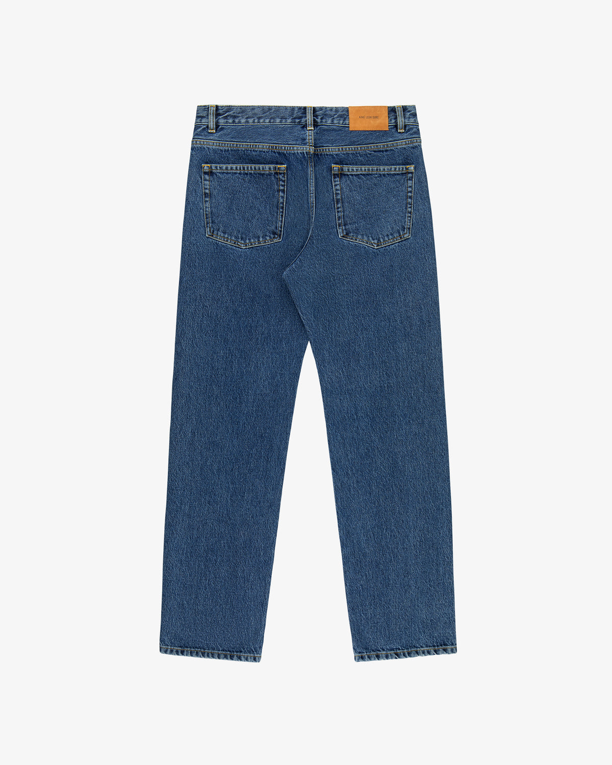 ALD Straight Fit Denim jeans shown from the back, with two pockets and a tan leather patch on the waistband.