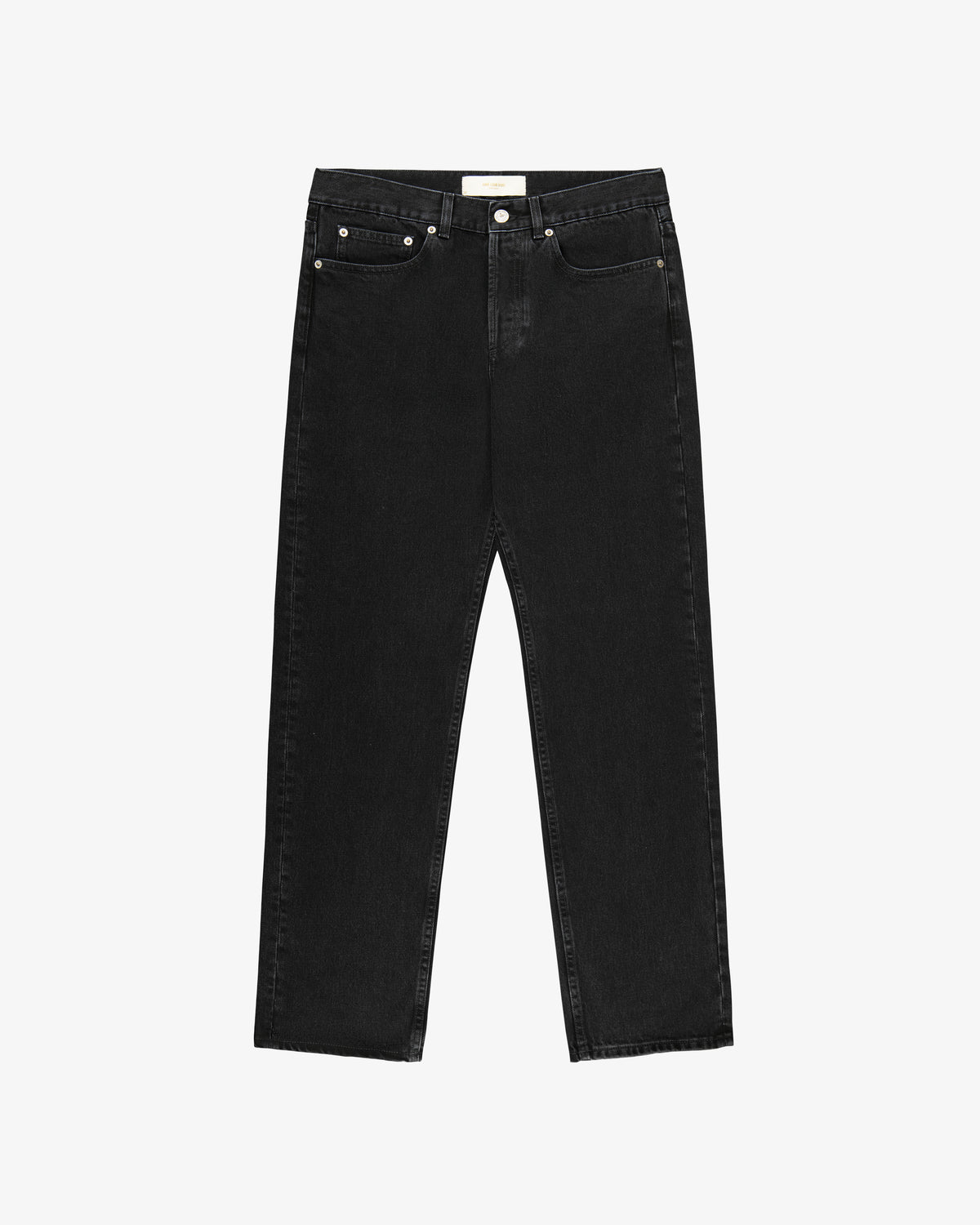 The ALD Straight Fit Denim in black, with five pockets, is displayed flat on a white background.