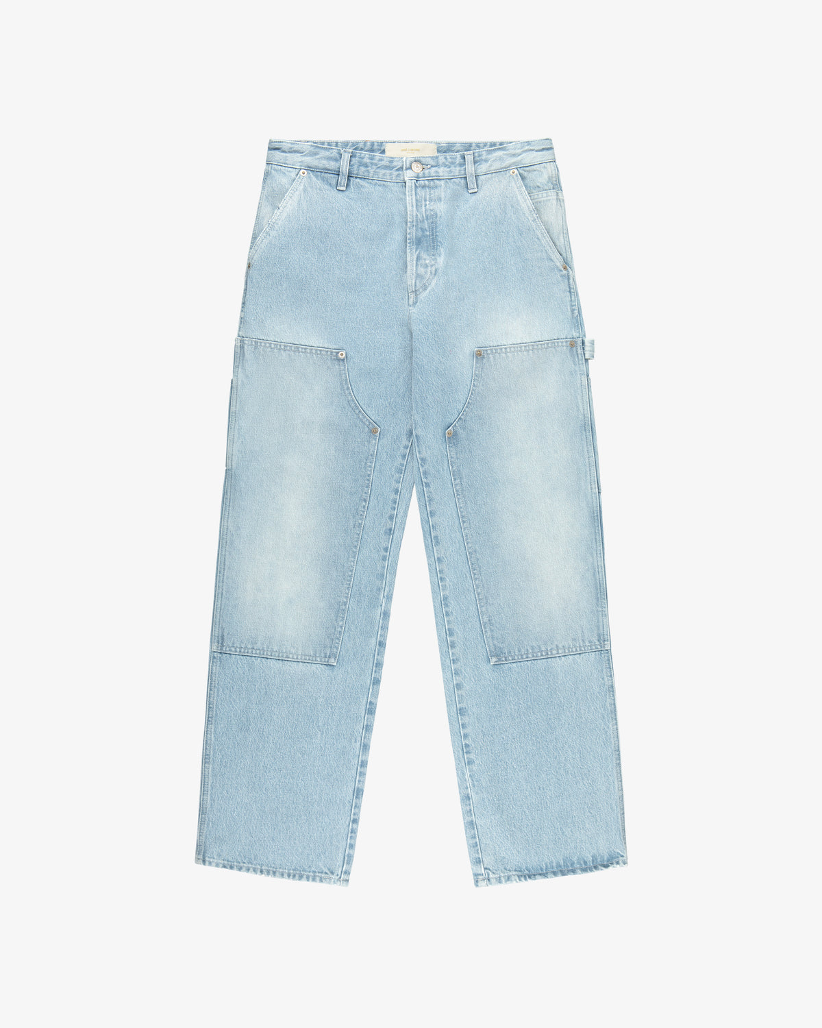 Denim Carpenter Pant in light blue, featuring wide legs, front patch pockets, and button closure on a white background.
