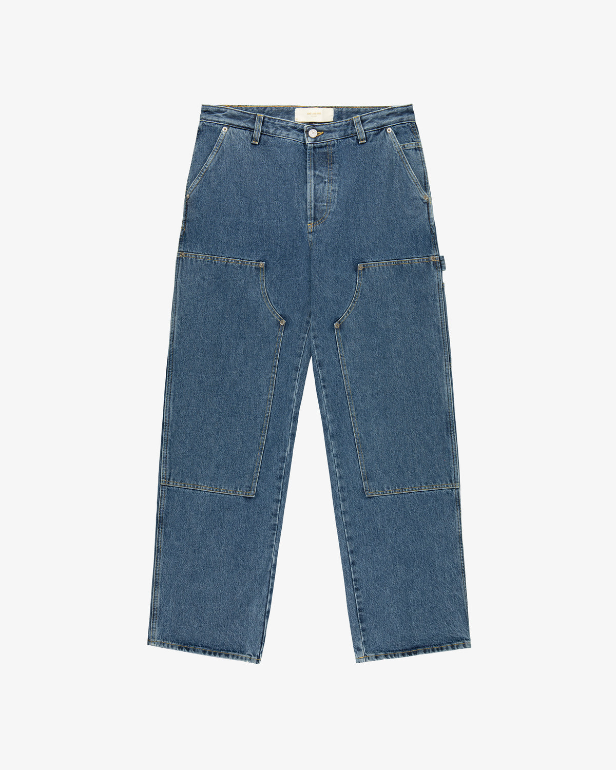 Denim Carpenter Pant with wide legs, large front patch pockets, and visible stitching on a white background.