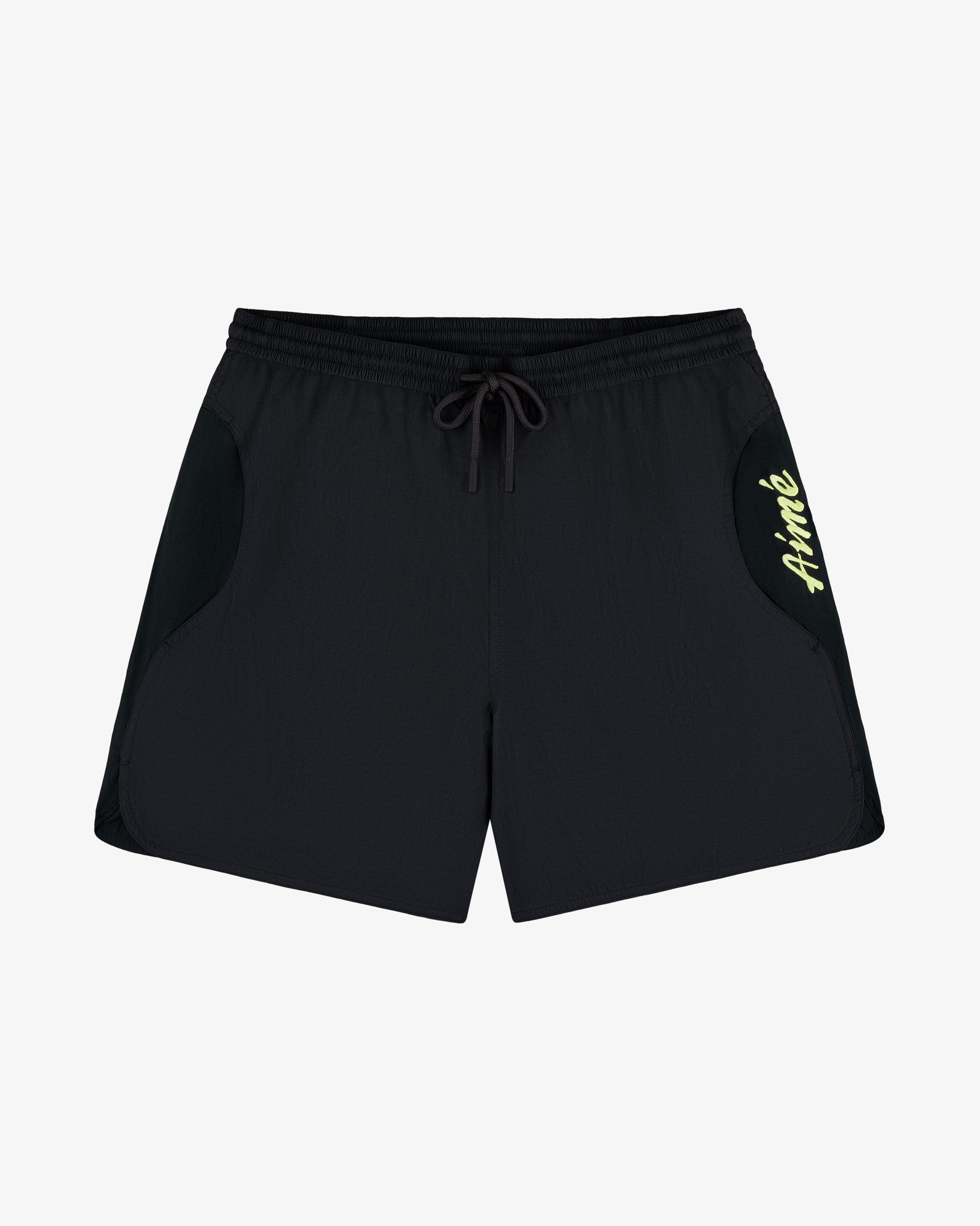 Paneled Sport Short: black, elastic waist, drawstring, pockets, HiMÉ logo on right.