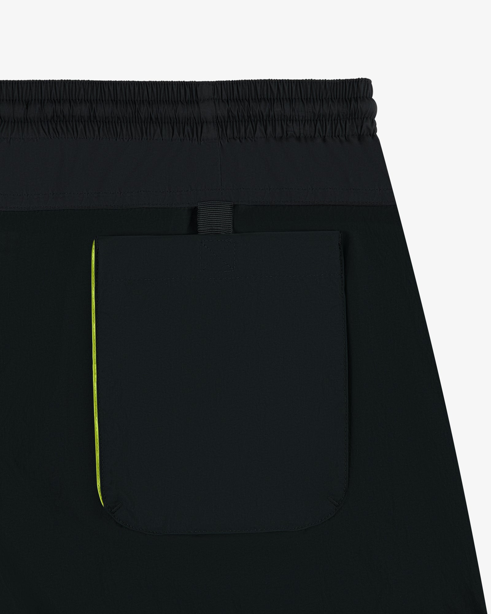 Close-up of Paneled Sport Short in black, featuring an elastic waistband and a back pocket with a yellow stripe.