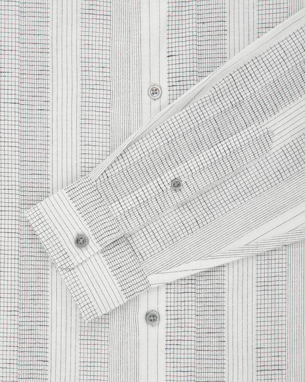 Fil Coupé Leisure Shirt—white with vertical and grid patterns; close-up shows sleeve detail and three buttons.