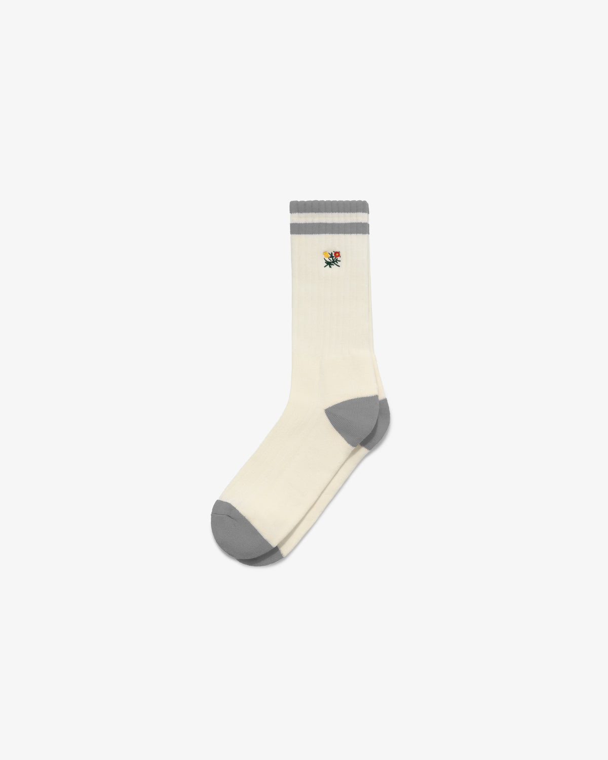 Cream sock with gray heel, toe, cuff, and a colorful embroidered stripe crest near the top. Striped Crest Sock.