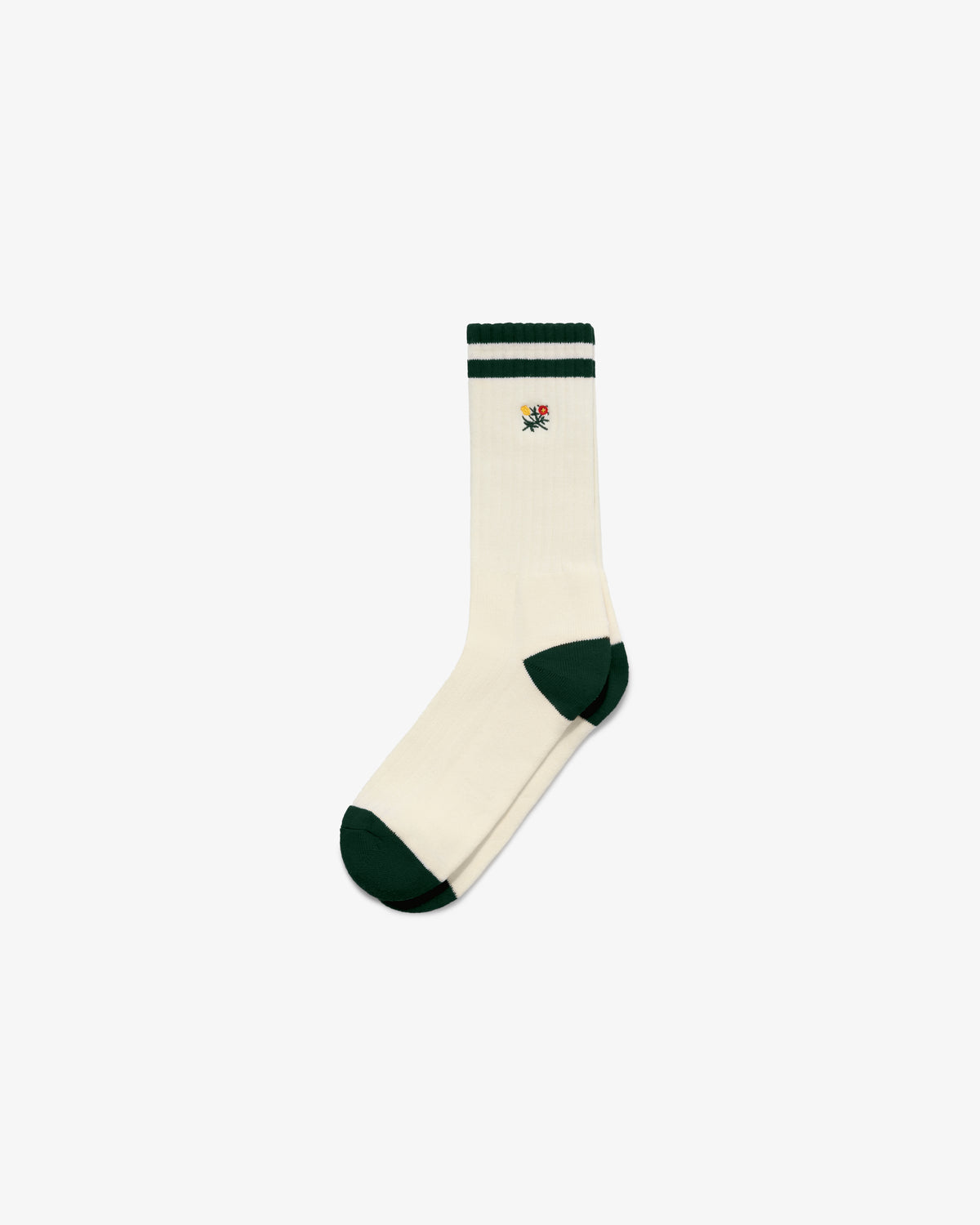 Striped Crest Sock: White with green toe, heel, cuff, and small colorful embroidered crest near the top.