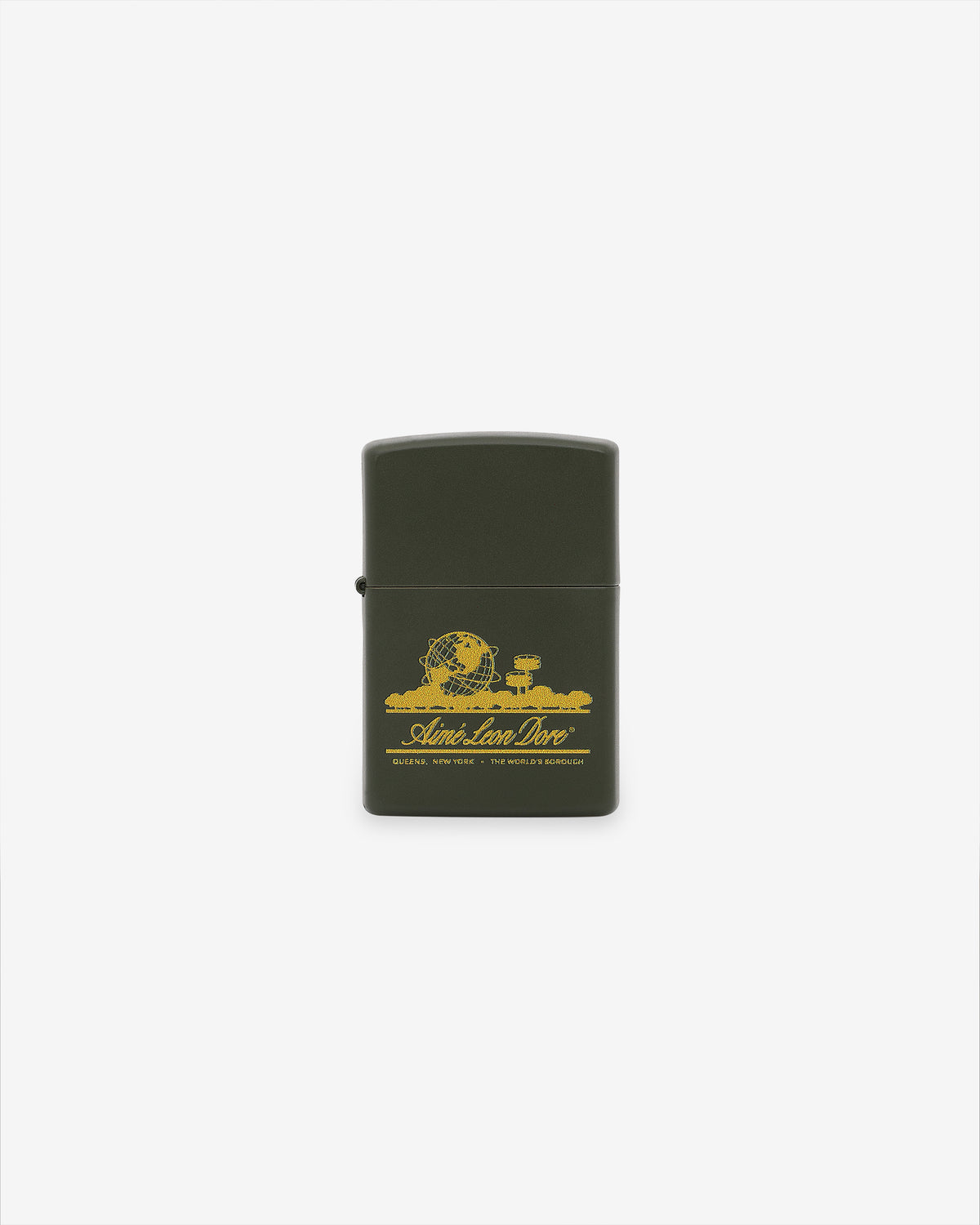 Olive green Unisphere Zippo Lighter with yellow "Admission Dare" text on a plain white background.
