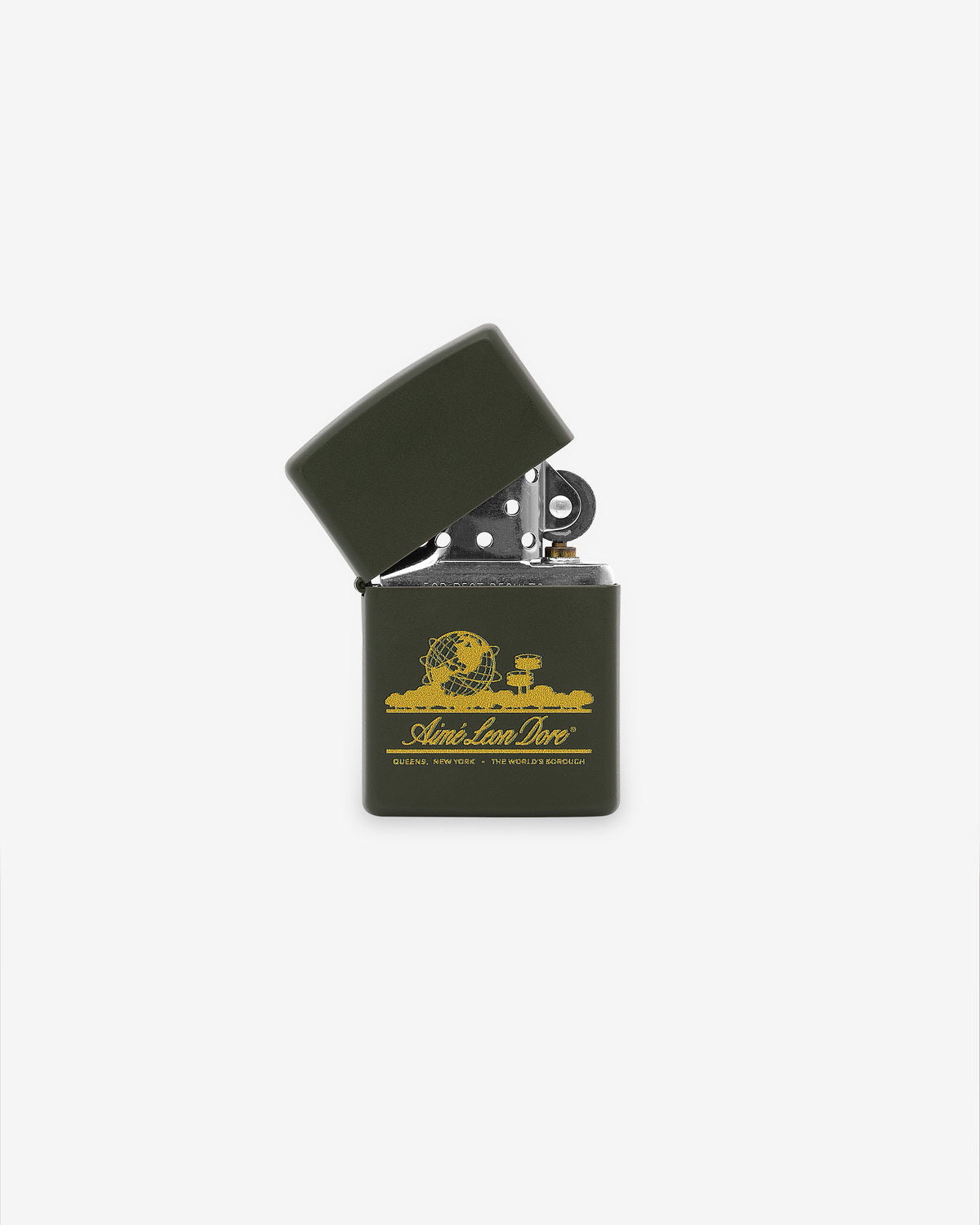 An olive green Unisphere Zippo Lighter with yellow graphic and text, shown open on a white background.