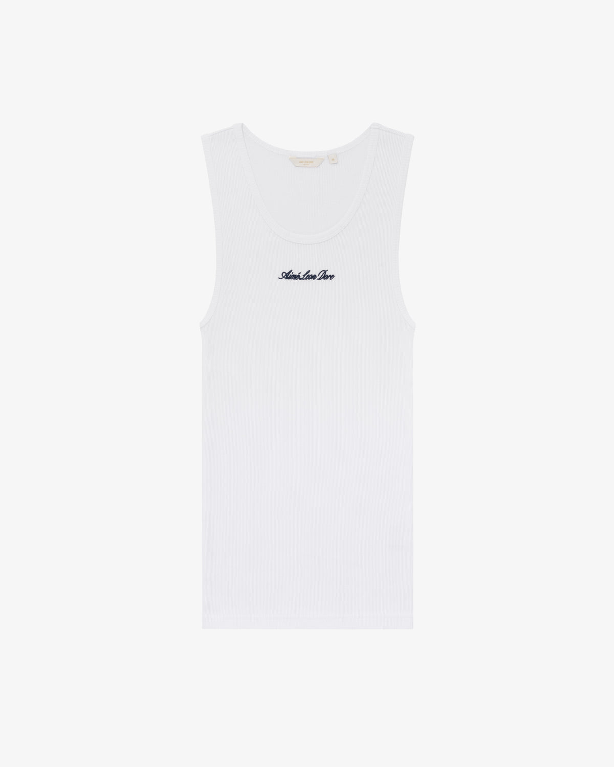 A white sleeveless Embroidered Logo Tank Top with "Amelia Zee" in black cursive on the chest.