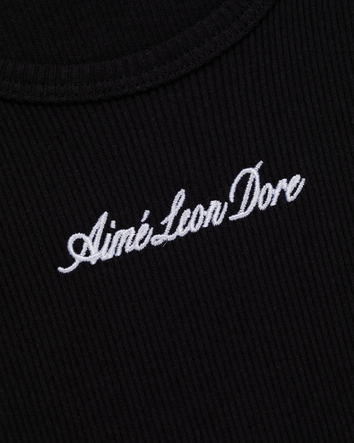Black ribbed Embroidered Logo Tank Top with Aimé Leon Dore in white cursive text.