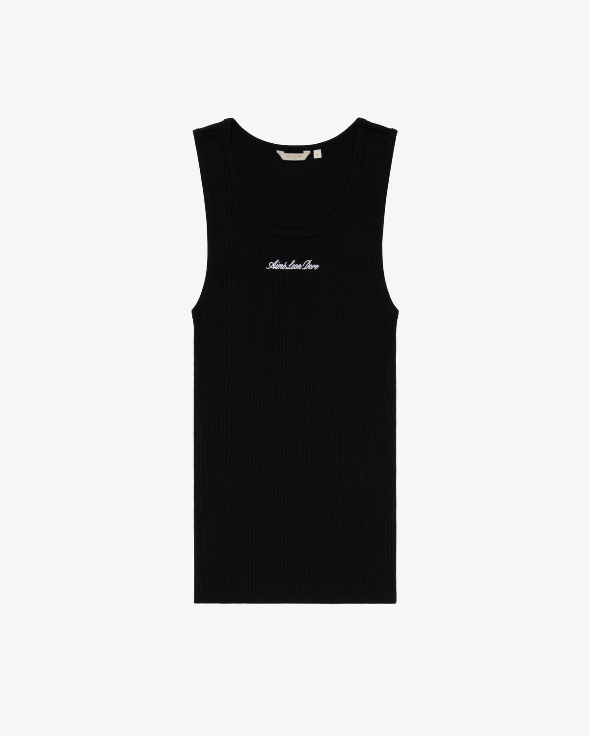 Embroidered Logo Tank Top in black with a small white chest logo, shown on a white background.