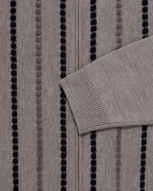 Jacquard Stripe Polo Cardigan in gray knit with vertical stripes and folded ribbed sleeve cuffs.