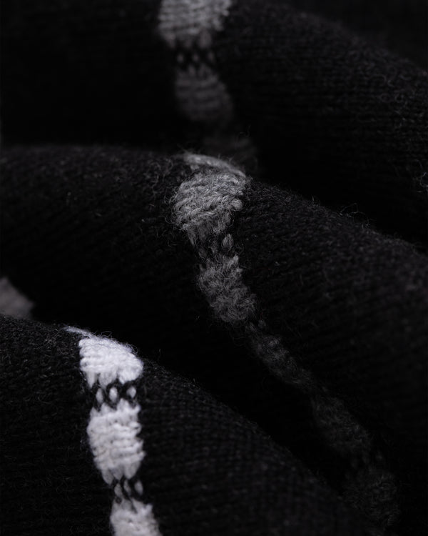 Close-up of Jacquard Stripe Polo Cardigan in black knit with a white and gray diamond pattern.