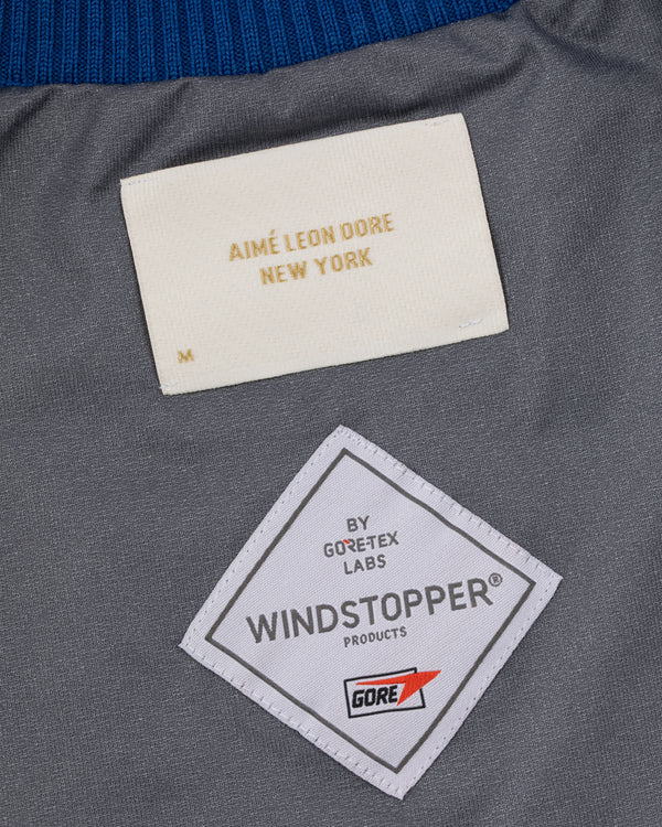 WINDSTOPPER® Striped Knit Cycling Jersey by GORE-TEX LABS in gray with blue collar and NYC Aimé Leon Dore label.
