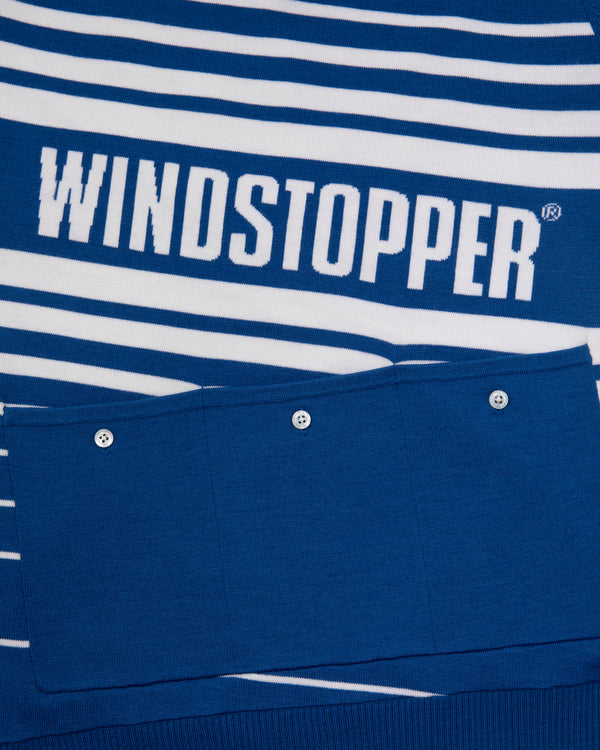 Blue and white WINDSTOPPER® Striped Knit Cycling Jersey by GORE-TEX LABS with bold logo, three snap buttons.