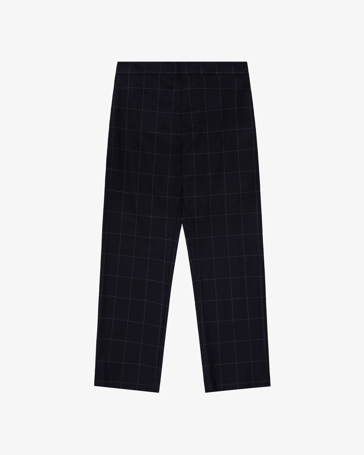 Windowpane Elasticated Waist Suit Trouser laid flat, featuring a white check pattern on black fabric.