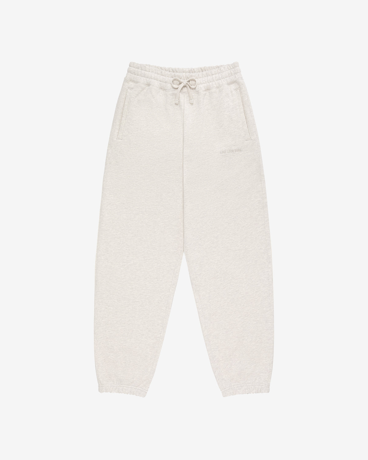 Tonal Logo Sweatpants in light beige with elastic waistband, drawstring, side pockets, and elastic cuffs.