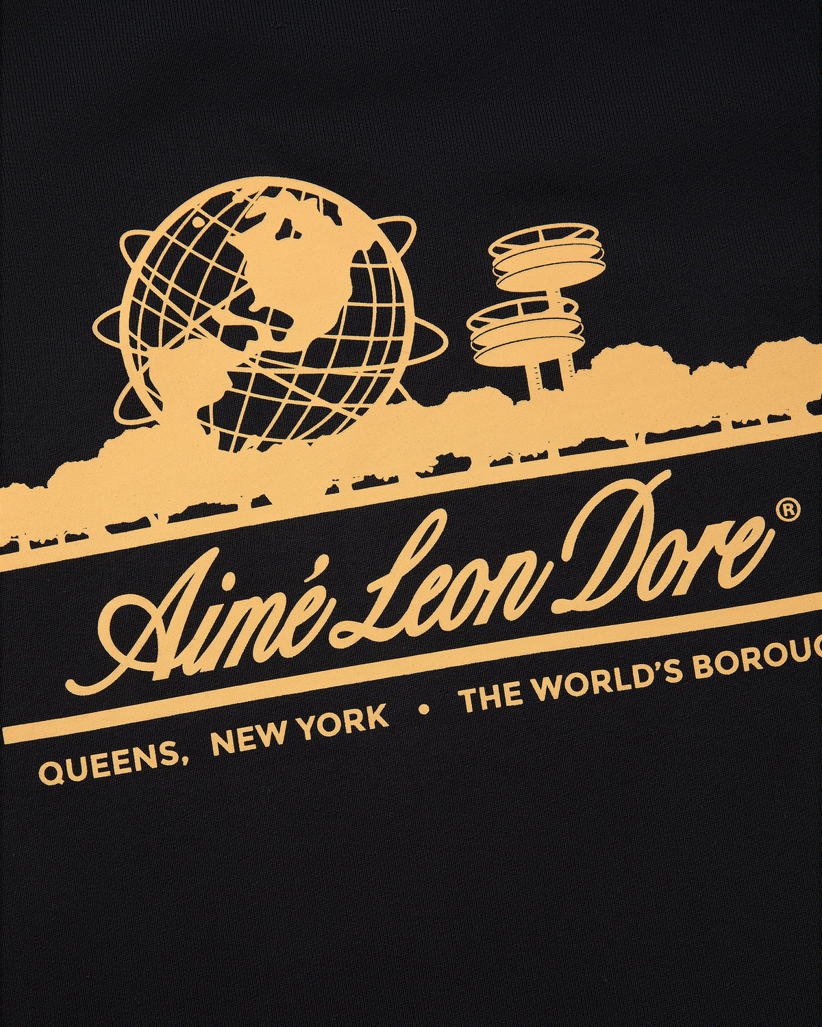 Yellow graphic of globe, pavilion & trees with "The World's Borough" on black Unisphere Crewneck Sweatshirt.