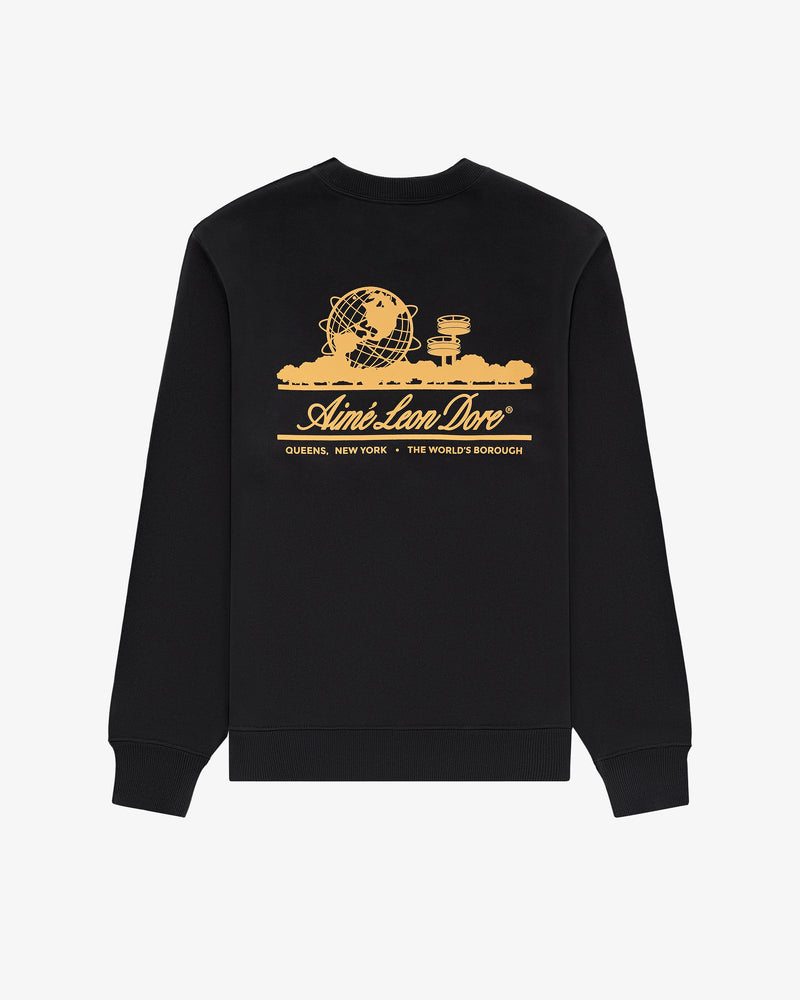 Unisphere Crewneck Sweatshirt: black with a gold Unisphere graphic and Aimé Leon Dore, Queens, NY, The Worlds Borough text.