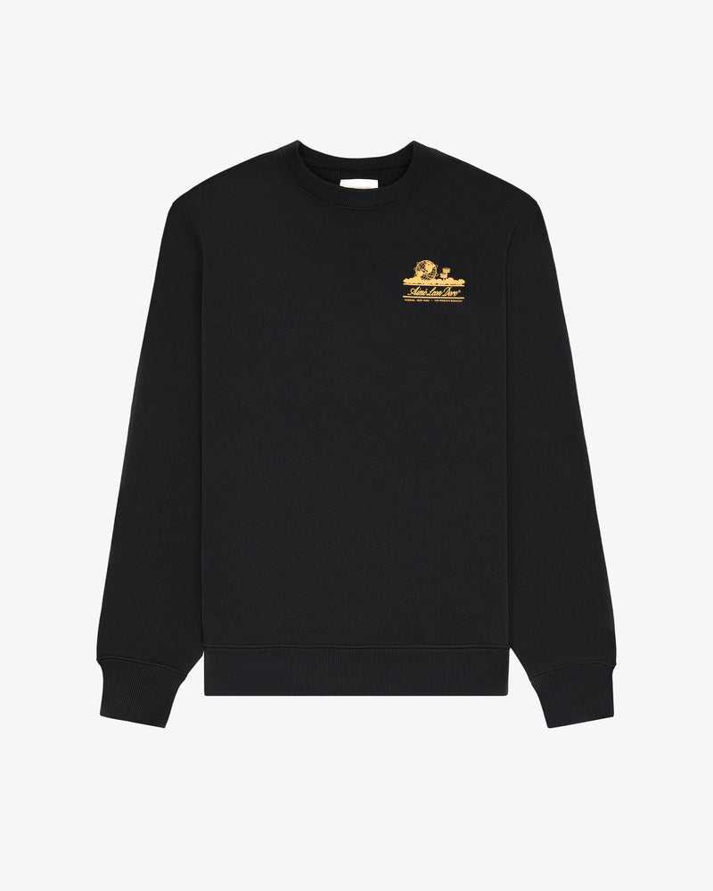 Unisphere Crewneck Sweatshirt in black with small gold embroidered logo and text on left chest, on white background.