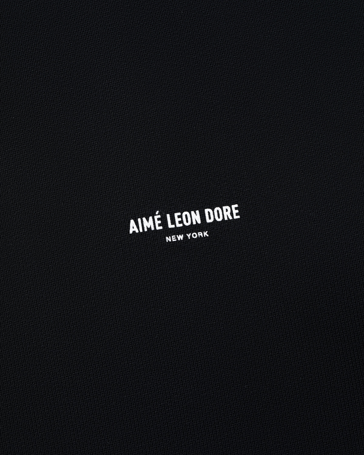 Black Micro Logo Hoodie with white AIMÉ LEON DORE NEW YORK text centered on black fabric.