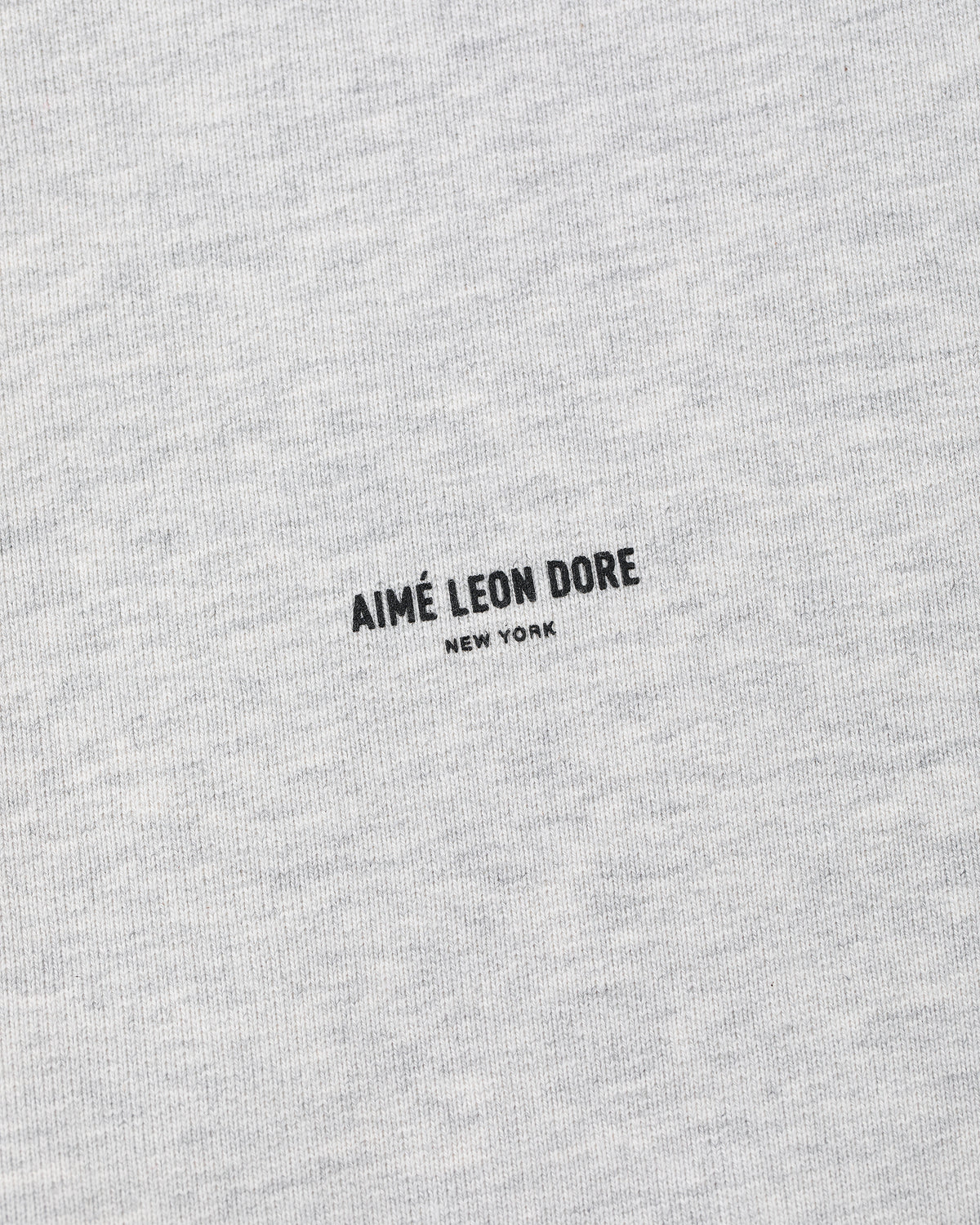Close-up of the Micro Logo Hoodie in light grey with "AIMÉ LEON DORE NEW YORK" printed in small black text at the center.