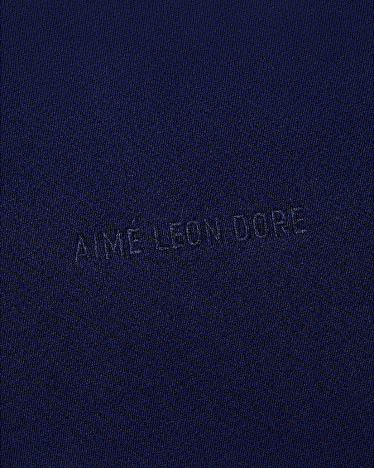 Navy blue Tonal Logo Hoodie with AIMÉ LEON DORE embossed in matching blue letters at the center.