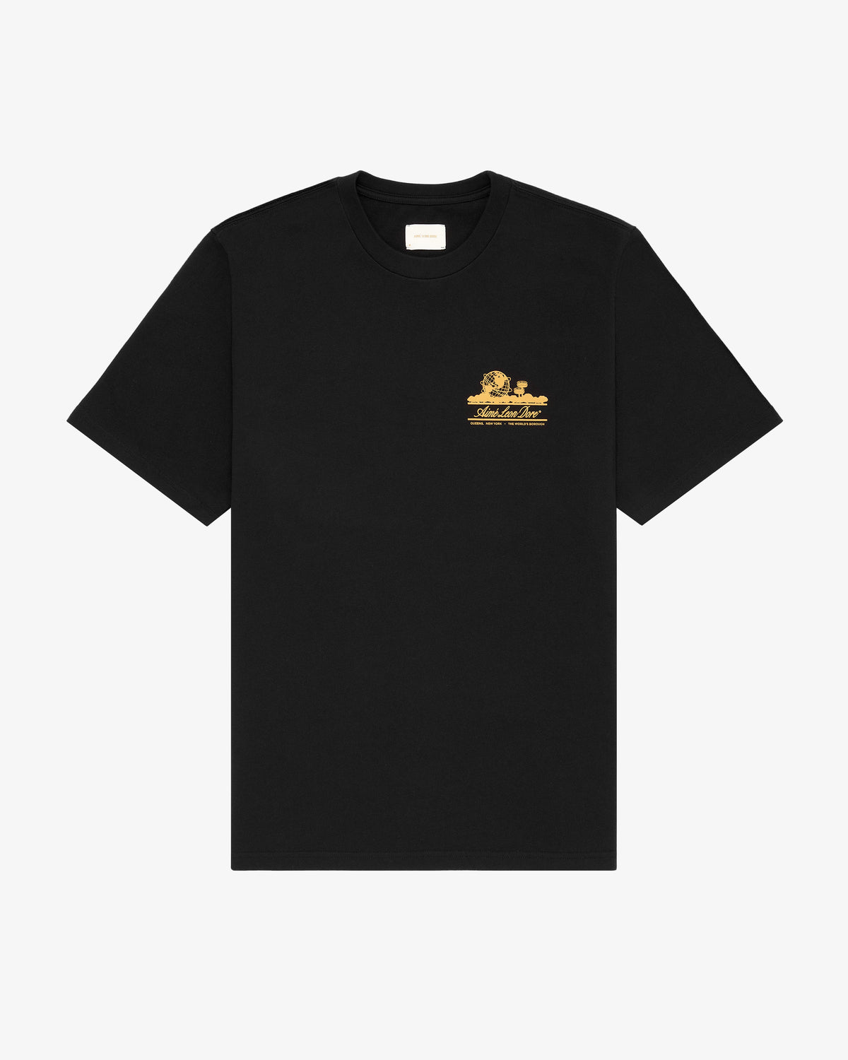 Unisphere Tee: black shirt with a small yellow graphic and text on the left chest, shown on white background.