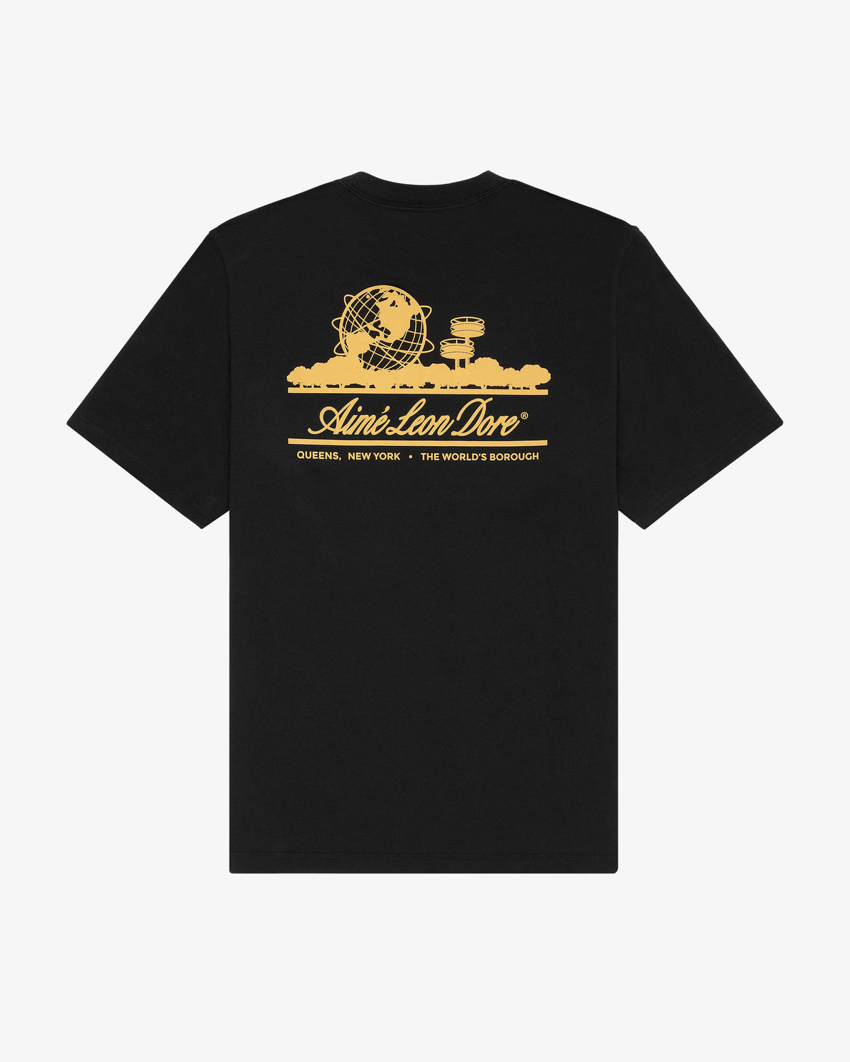 Black Unisphere Tee with yellow globe, city skyline, and Aimé Leon Dore text above Queens, NY—The Worlds Borough.