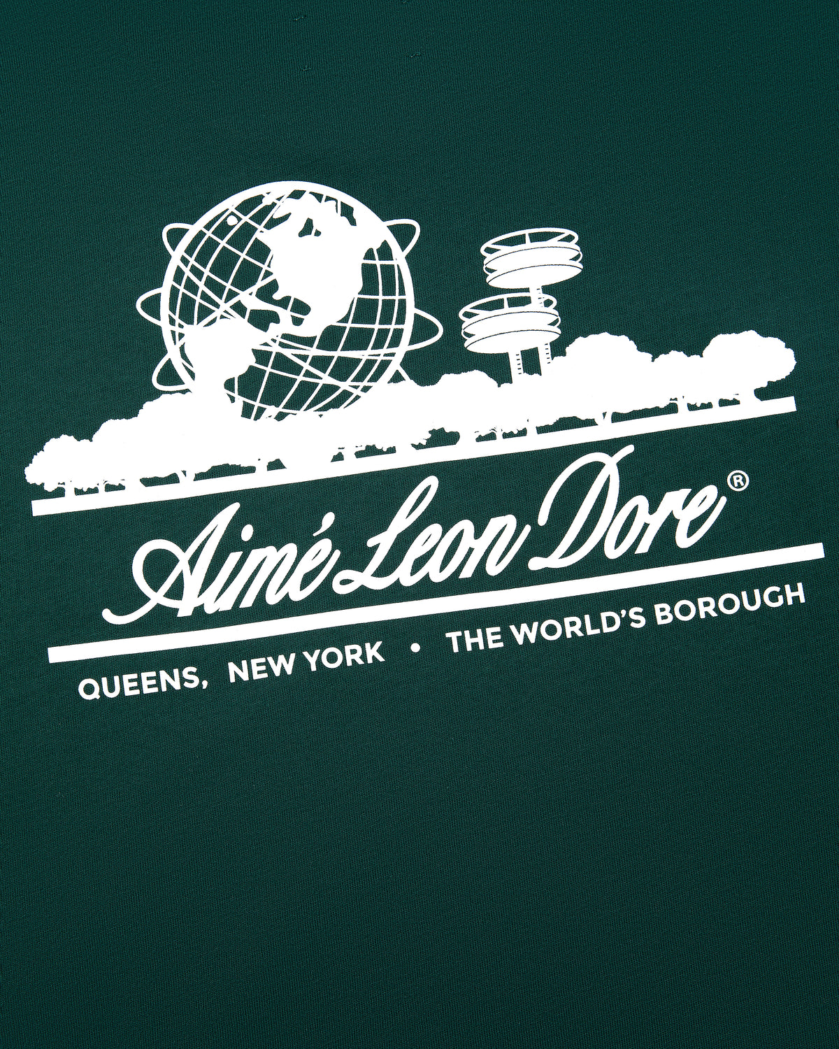 Long-Sleeve Unisphere Tee with white Aimé Leon Dore logo, Unisphere, and trees on dark green background.