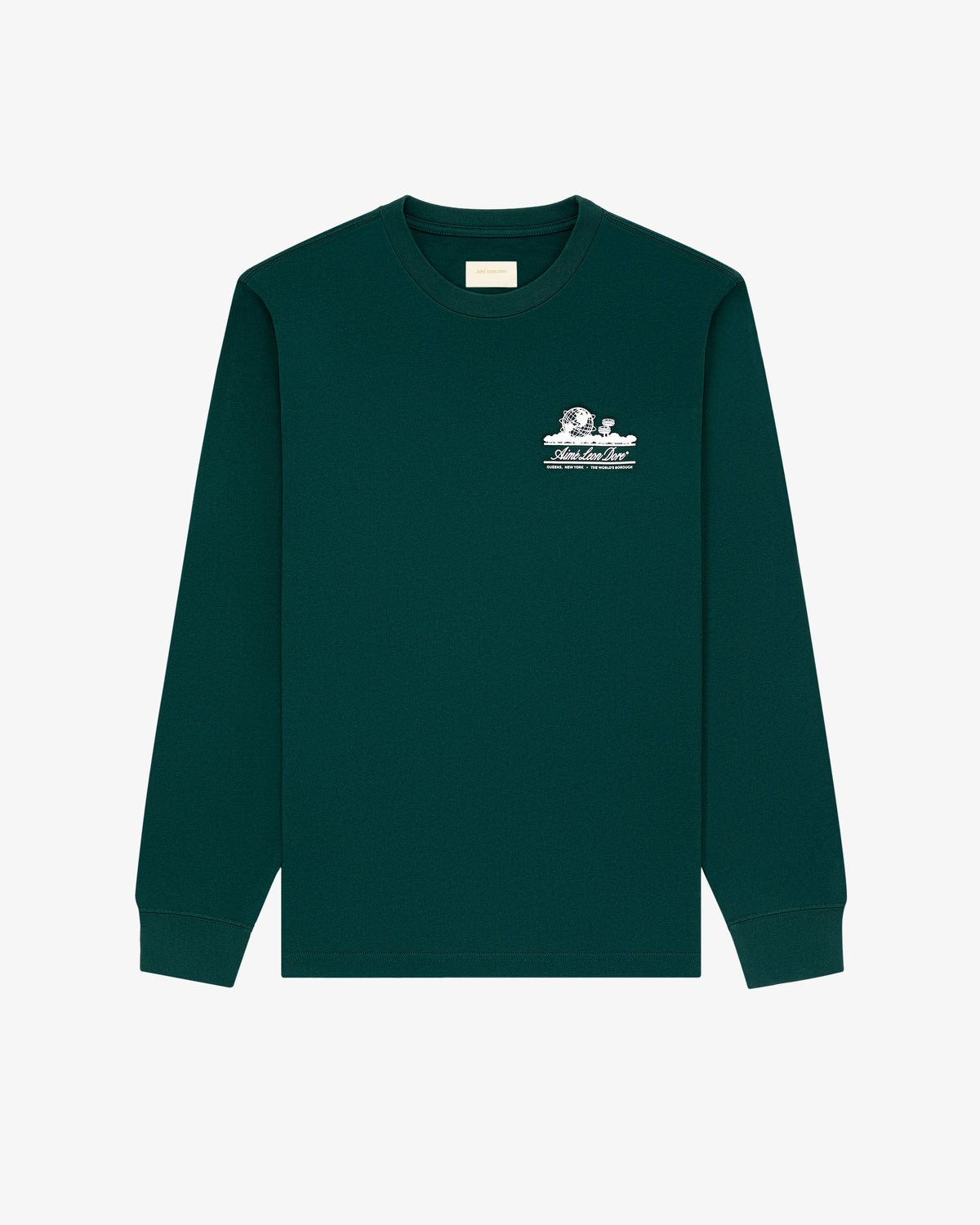 Long-Sleeve Unisphere Tee in dark green with a small white graphic and text on the left chest, shown on white.